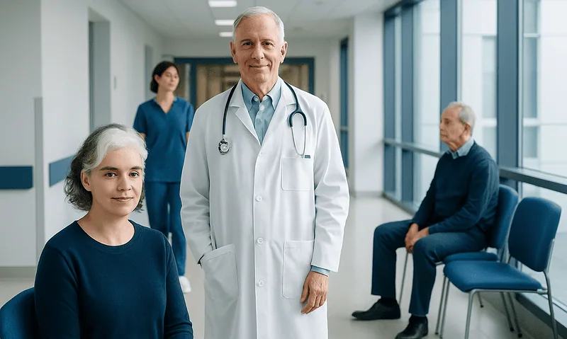 Medical team with doctor and patients in hospital corridor.