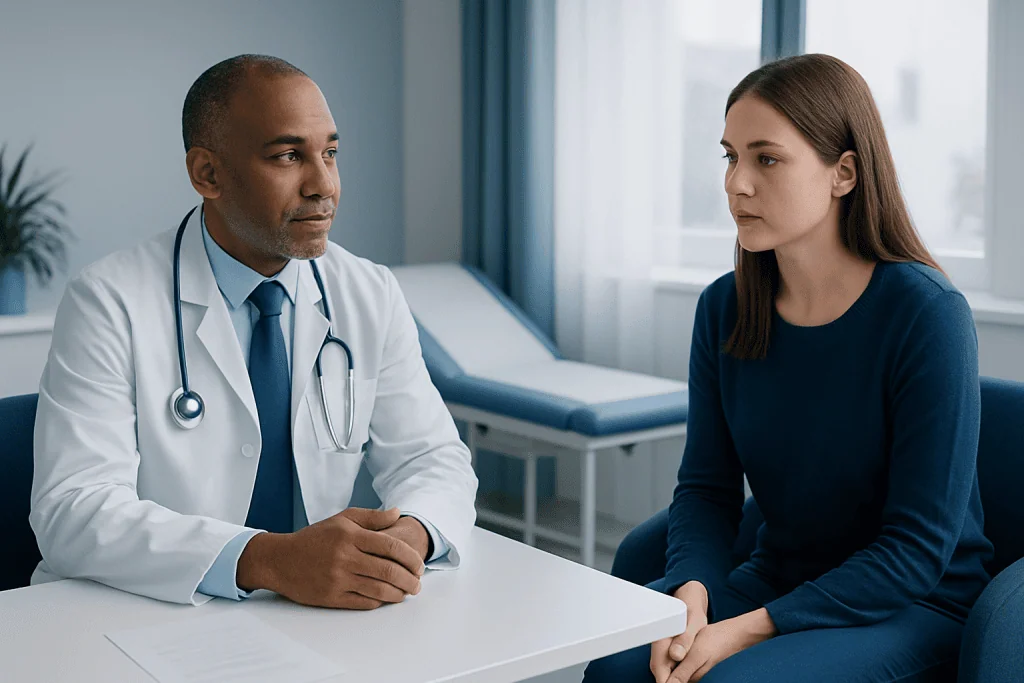 Doctor consulting with a young female patient in a hospital room.