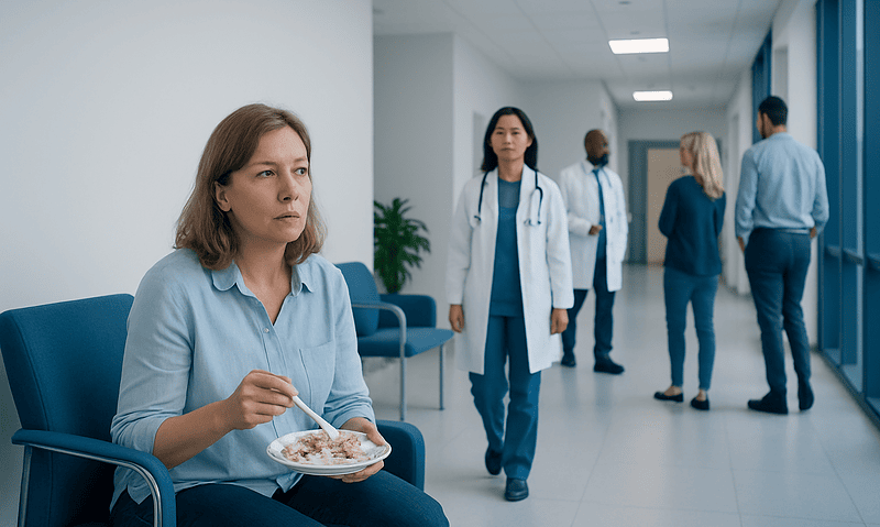 Patient waiting in hospital corridor with medical staff nearby.