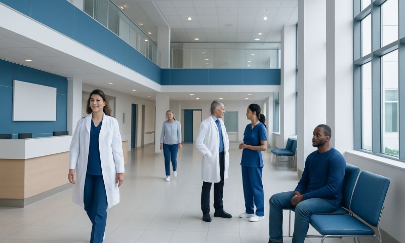 Medical staff and patient in a modern hospital lobby with large windows.