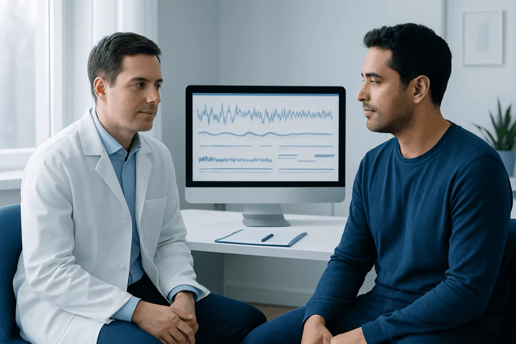 Doctor and patient discussing sleep study results in a clinic setting.