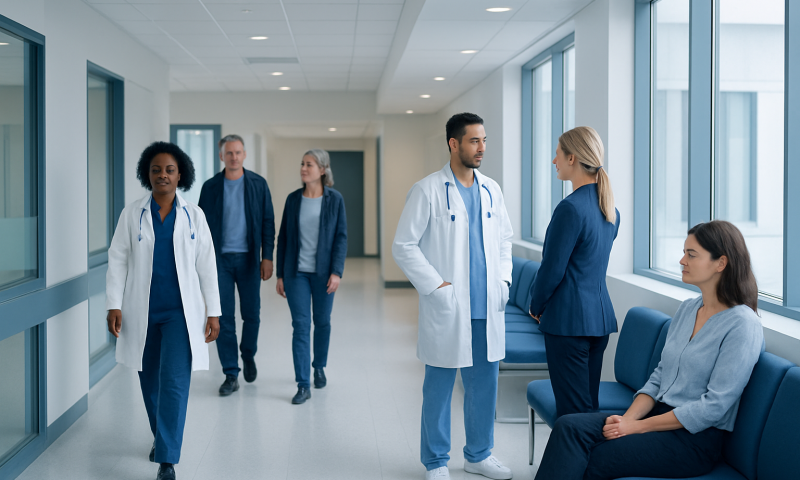 Medical team discussing patient care in hospital corridor.