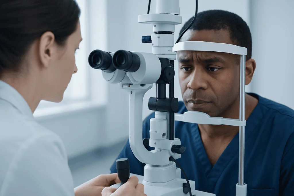 Doctor performing eye examination with slit lamp at Acibadem Hospital.