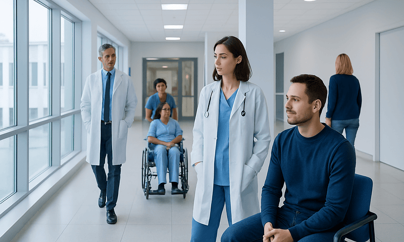 Medical team consulting with patient in hospital corridor at Acibadem Hospitals.