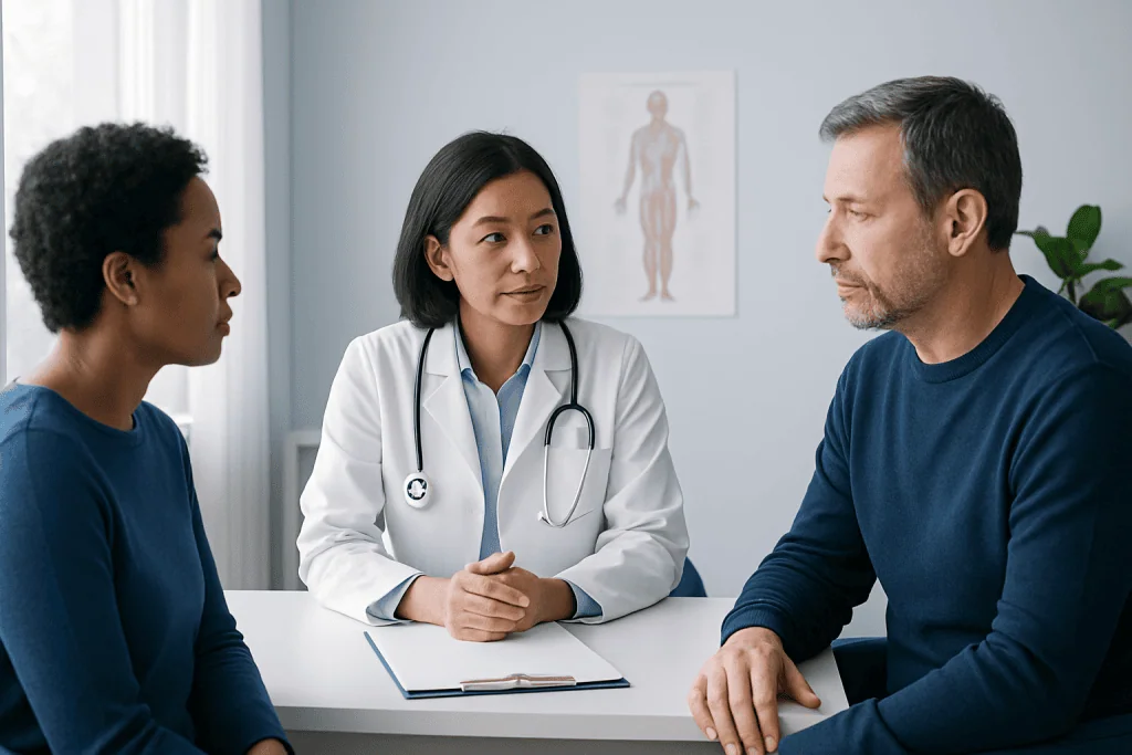 Doctor consulting with two patients in a medical office setting.