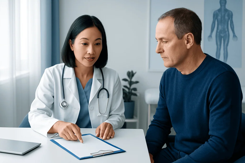 Doctor explaining Hep B antibody test results to a patient in a clinic.