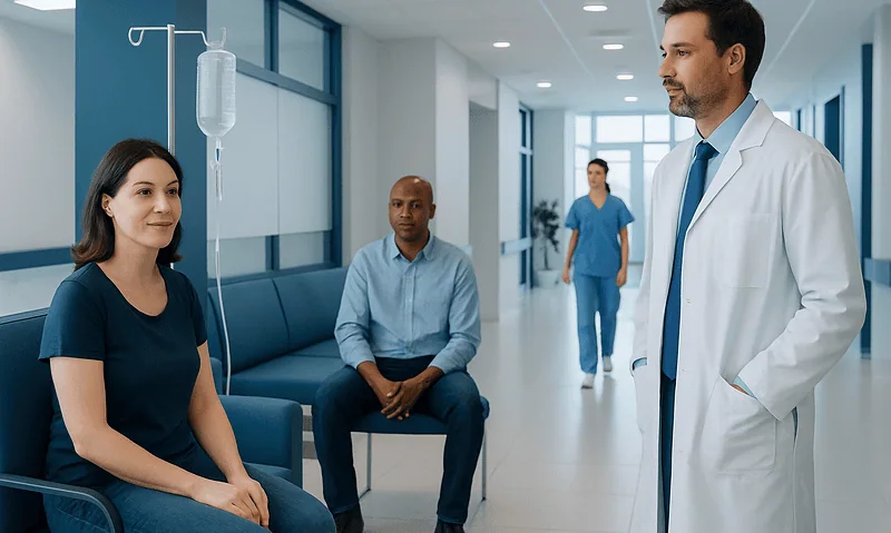 Doctor consulting female patient in hospital corridor with waiting patients nearby.
