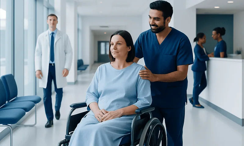 Healthcare professional assisting a patient in a wheelchair in a hospital corridor.