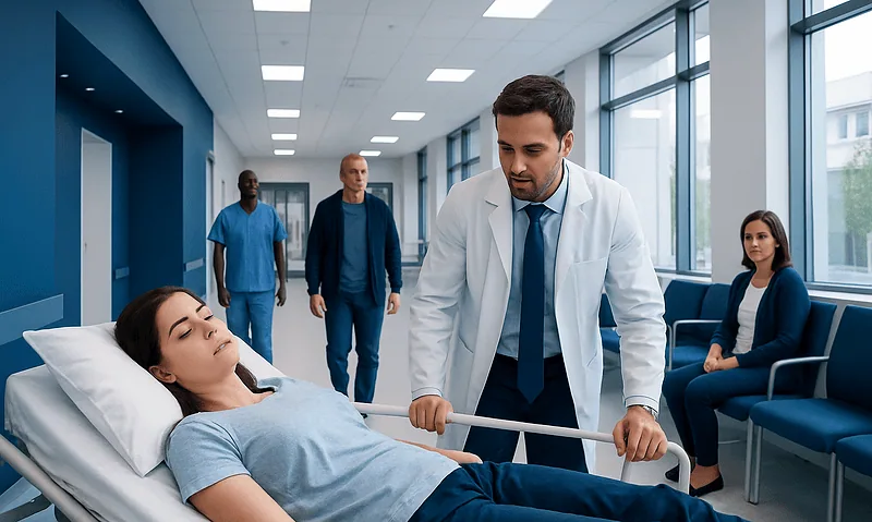 Doctor examining a patient in a hospital corridor with medical staff and visitors present.