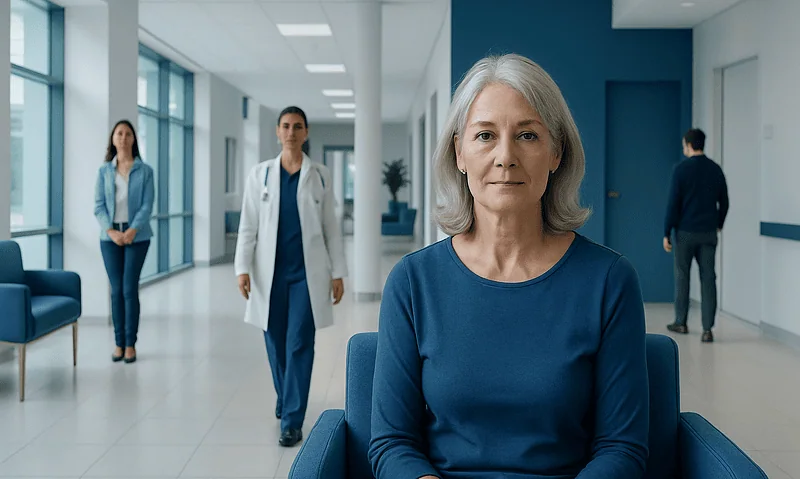 Senior woman patient in hospital waiting area with medical staff in background.
