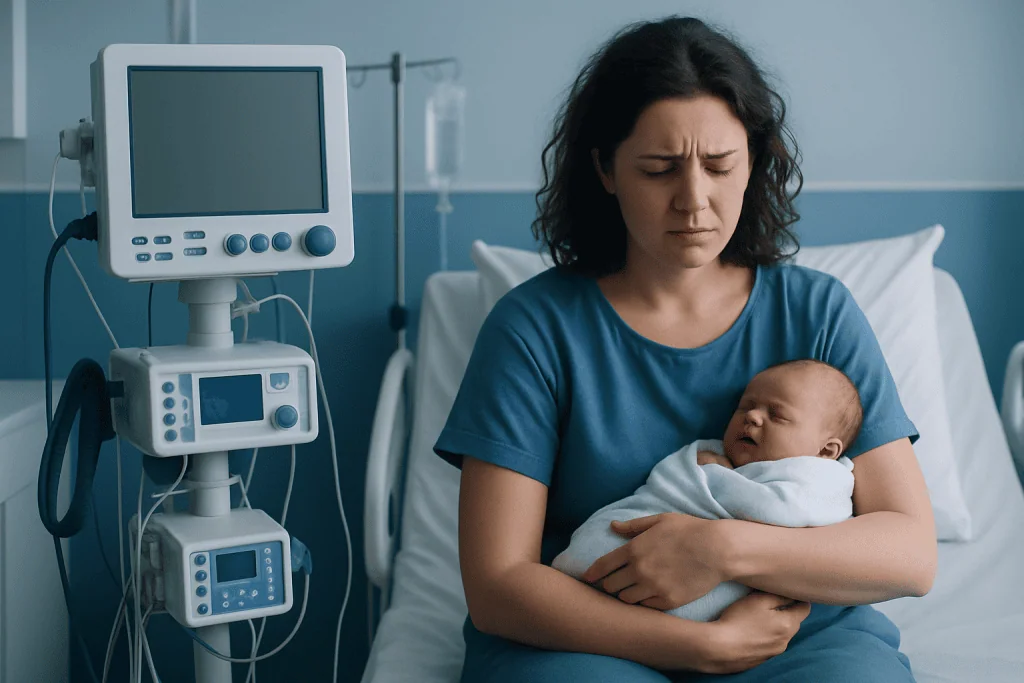 Mother holding newborn in hospital room with medical equipment nearby.