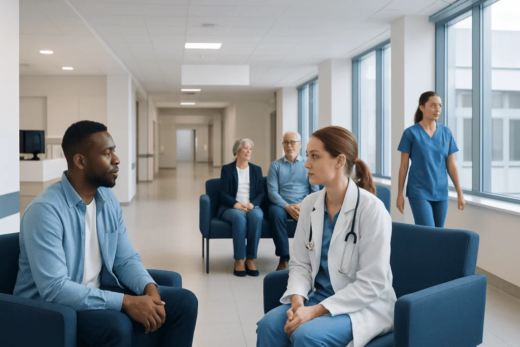 Postprandial glucose: A Complete Medical Guide for Patients 1 Medical consultation in a hospital corridor with healthcare professionals and patients.