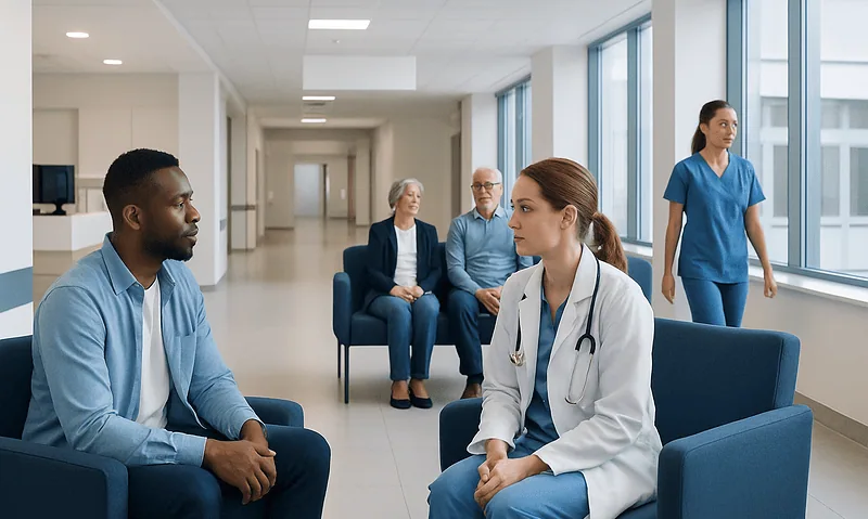 Medical consultation in a hospital corridor with healthcare professionals and patients.