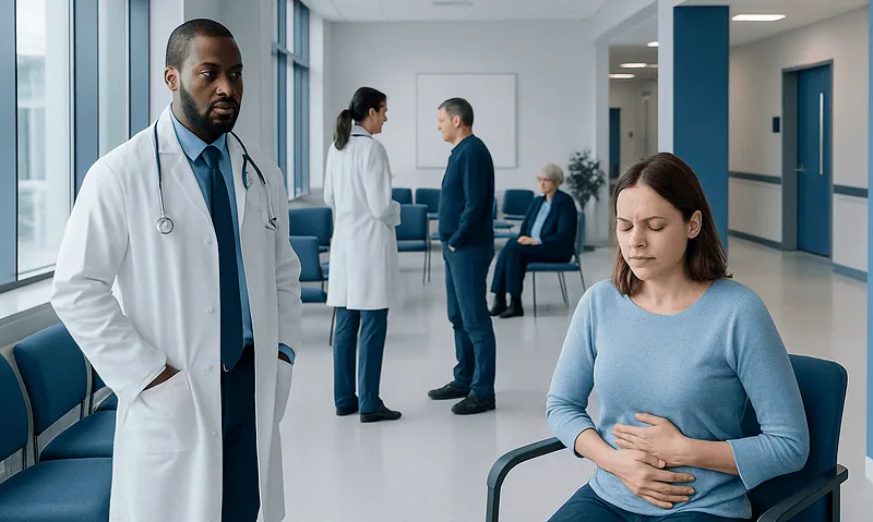 Patient experiencing abdominal pain in a hospital corridor with medical staff nearby.