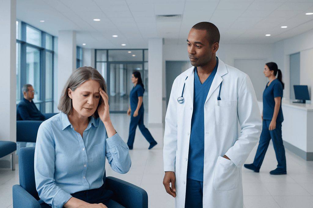 Postural Vertigo Benign: A Complete Medical Overview 1 Doctor consulting a patient in a modern hospital waiting area.