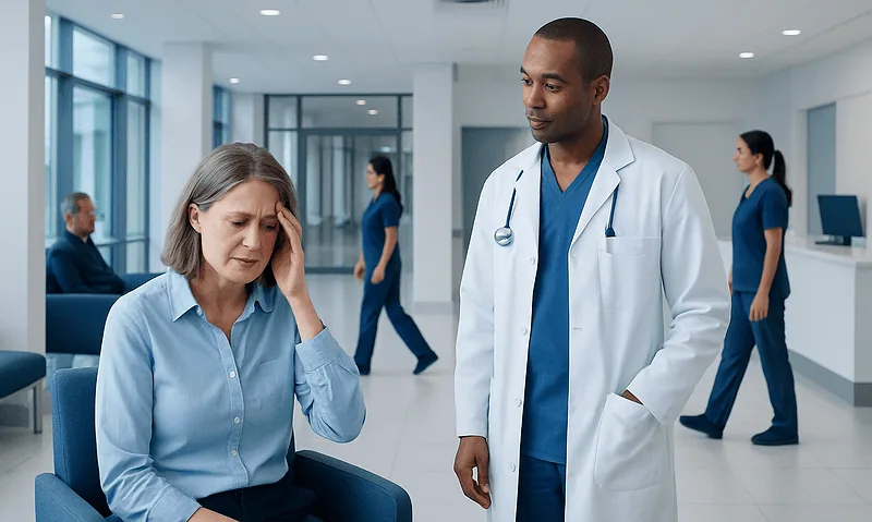 Doctor consulting a patient in a modern hospital waiting area.