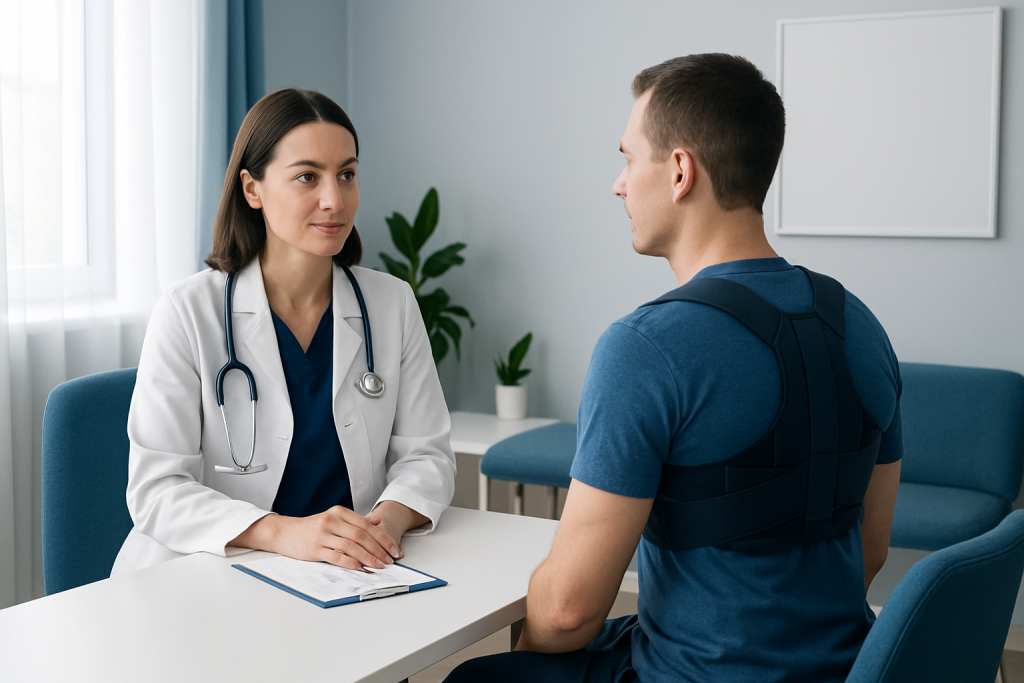 Doctor consulting with a patient about posture correction in a clinic setting.