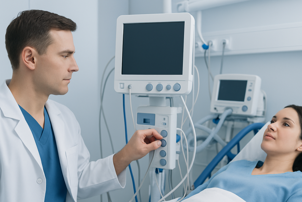Doctor monitoring patient on hospital bed with medical equipment.