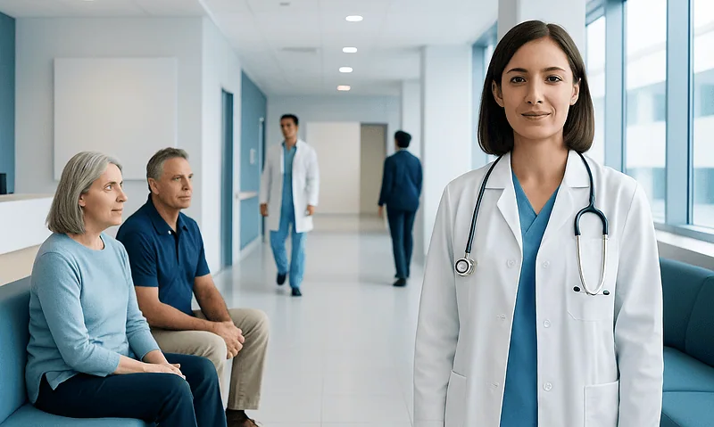 Healthcare professional with patients in a hospital corridor.