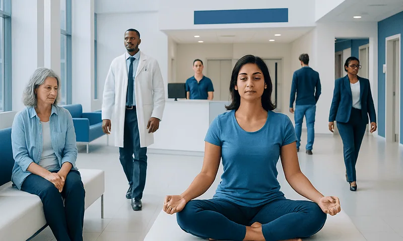 Patient practicing meditation in hospital lobby with staff and visitors nearby.