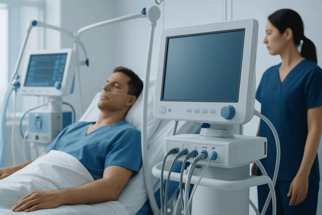 Patient in hospital bed with medical monitors and healthcare professional nearby.
