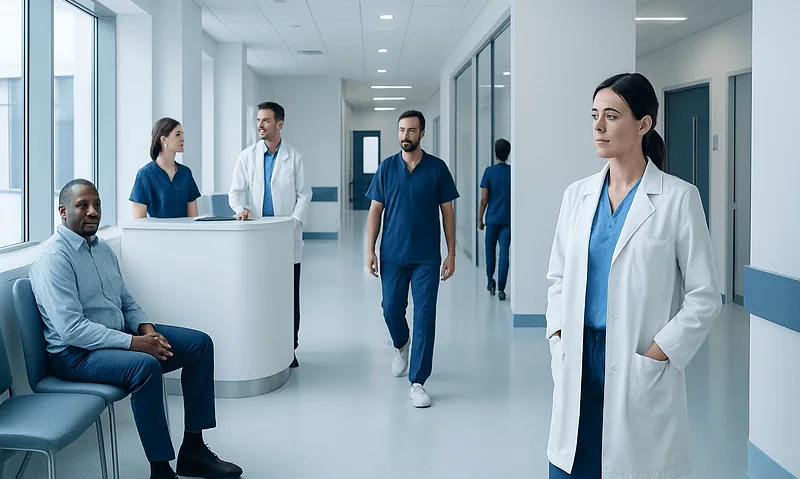 Medical professionals in a hospital corridor with a patient waiting area.