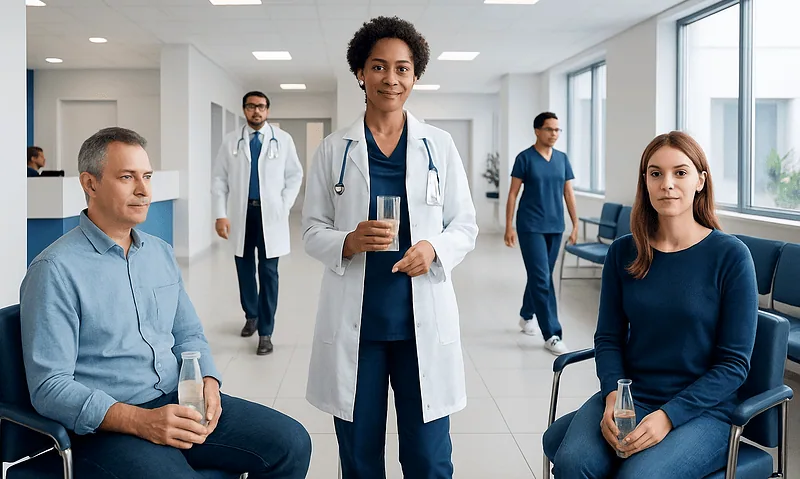 Healthcare professionals and patients in a modern hospital waiting area.