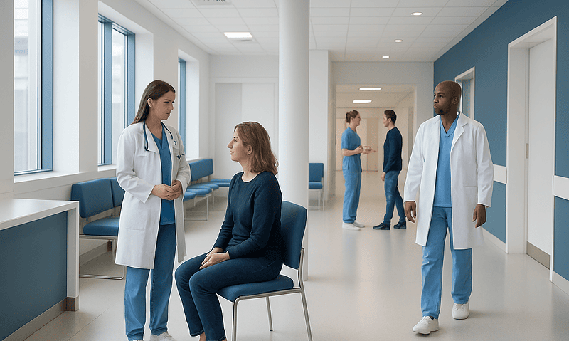 Medical consultation in a hospital corridor with healthcare professionals and patient.