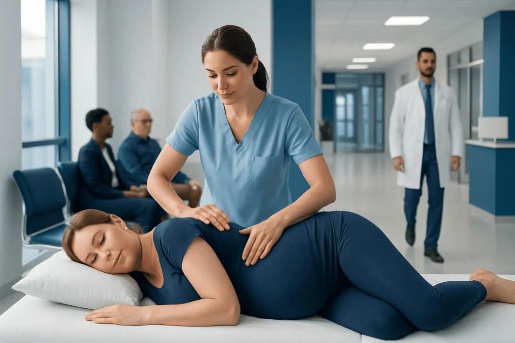 Prenatal Massage: What Patients Need to Know 1 Pregnant woman receiving a massage in a hospital setting.