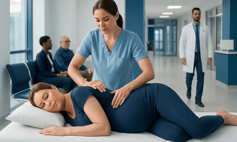 Pregnant woman receiving a massage in a hospital setting.