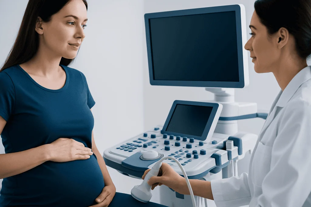 Pregnant woman undergoing ultrasound examination at a hospital.