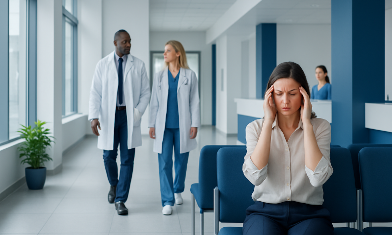 Woman with headache in hospital waiting area with doctors in background.