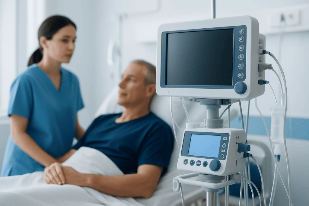Hospital patient monitor and healthcare professional in a medical setting.