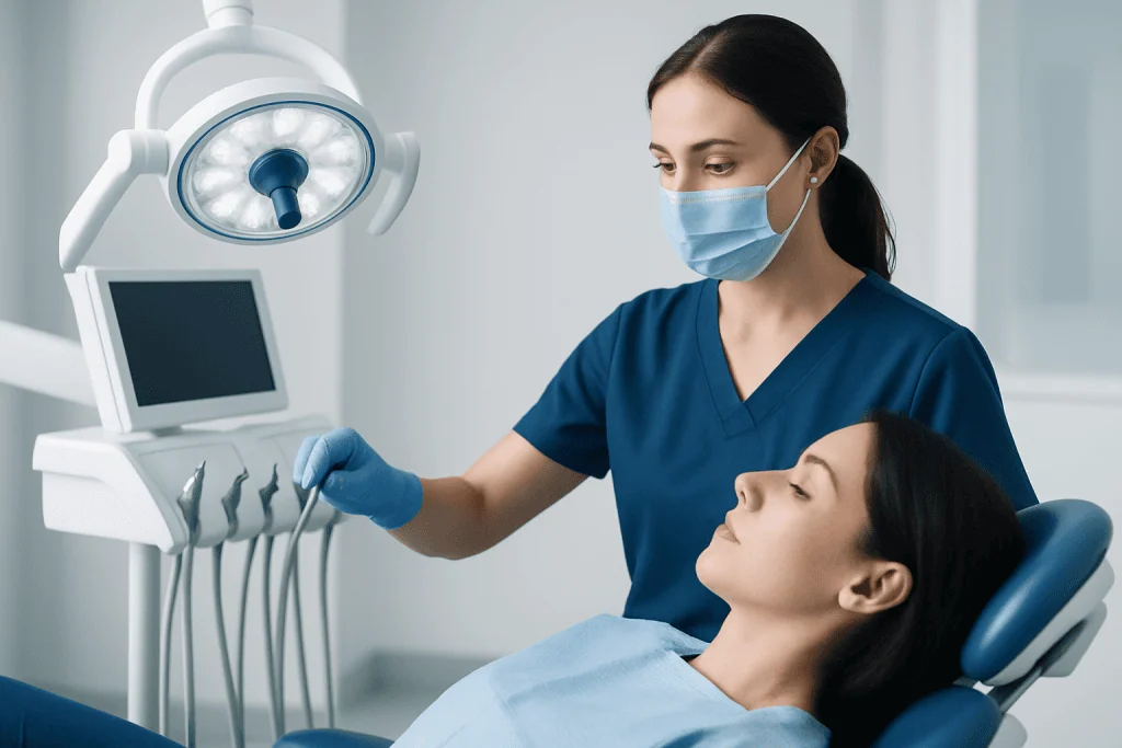 Dentist preparing dental equipment for patient in a clinical setting.