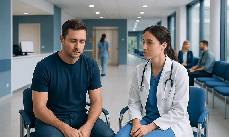Doctor consulting male patient in hospital corridor for priapism treatment.