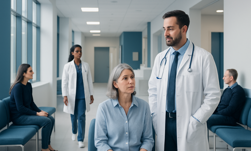 Doctor consulting an elderly patient in a hospital corridor.
