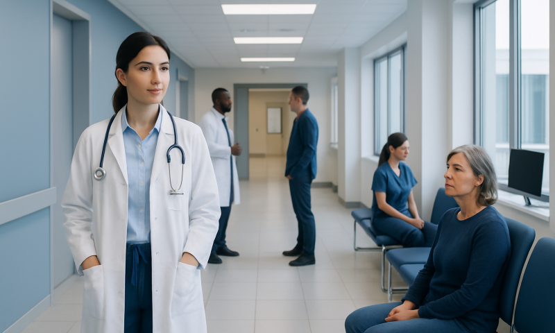 Medical professionals and patients in a hospital corridor at Acibadem Hospitals Group.