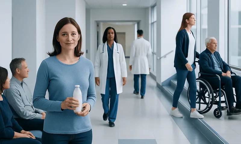 Healthcare professionals and patients in a hospital corridor at Acibadem Hospitals Group.