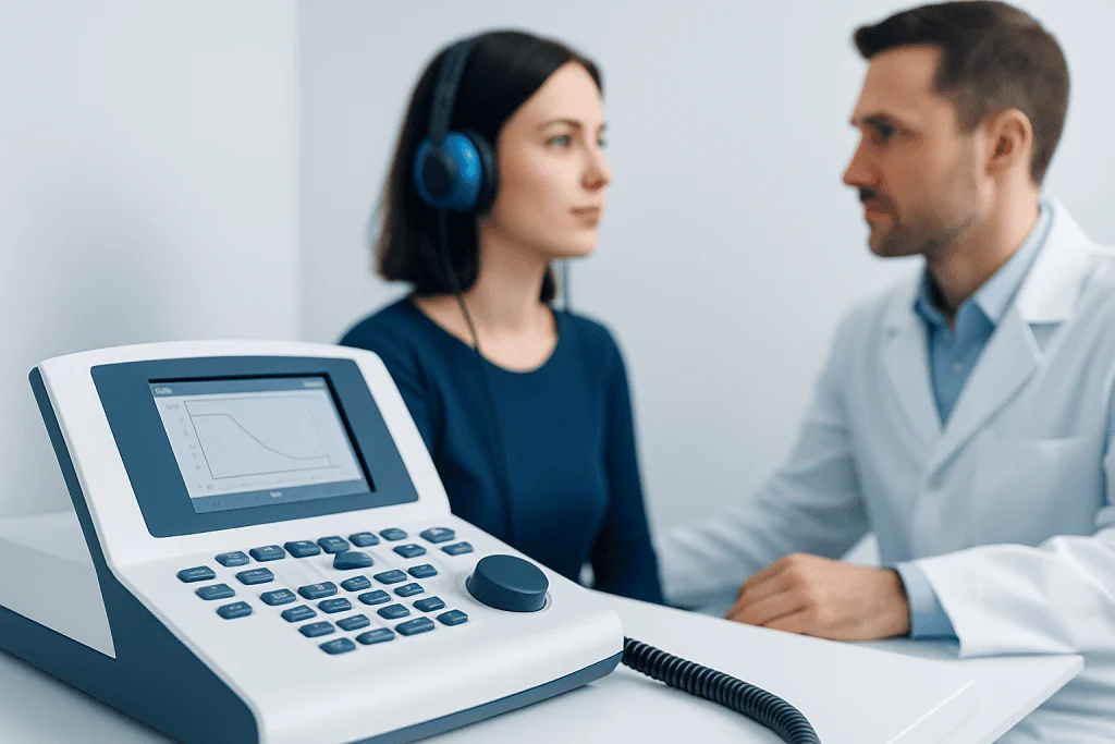 Audiologist with patient during hearing test at Acibadem Hospital.