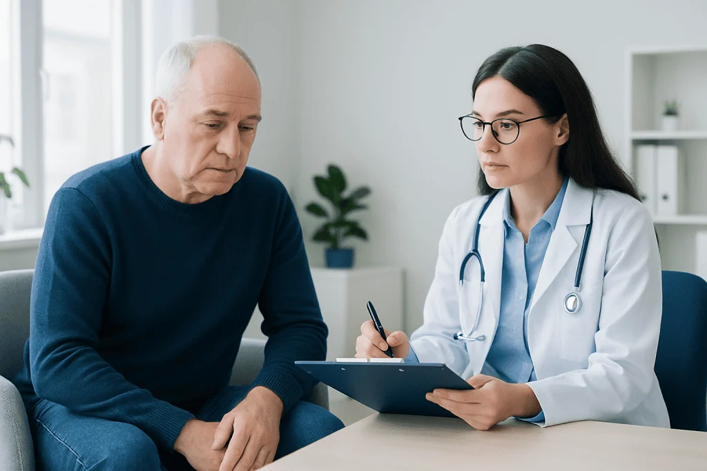Doctor discussing neuropsychological assessment with an elderly patient.