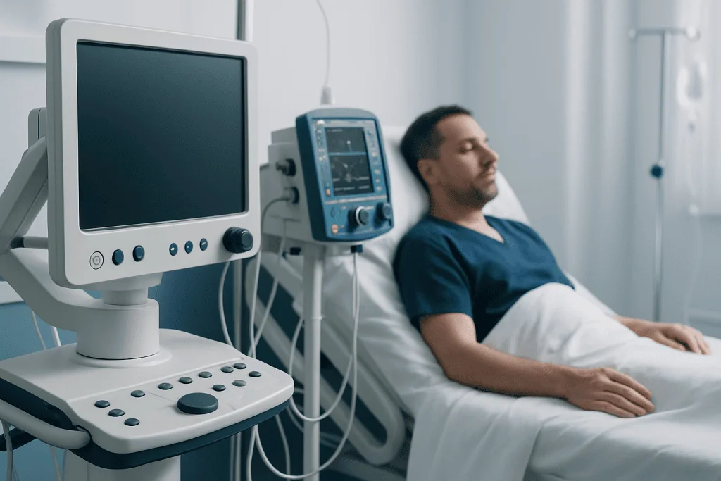 Patient in hospital bed connected to medical monitoring equipment.
