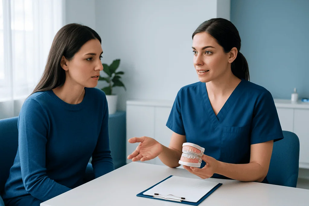 Dentist explaining dental veneers to a patient in a clinic setting.