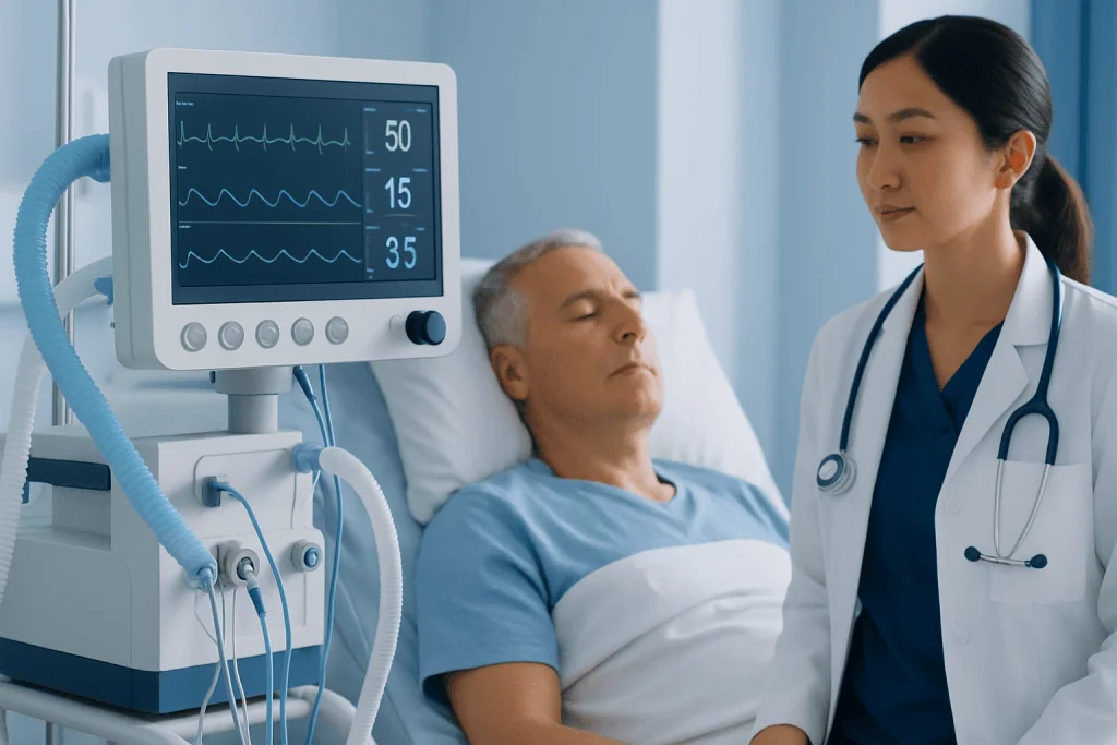 Doctor monitoring patient with medical equipment in hospital.