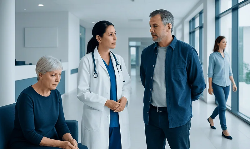 Doctor consulting with a patient in a hospital corridor.
