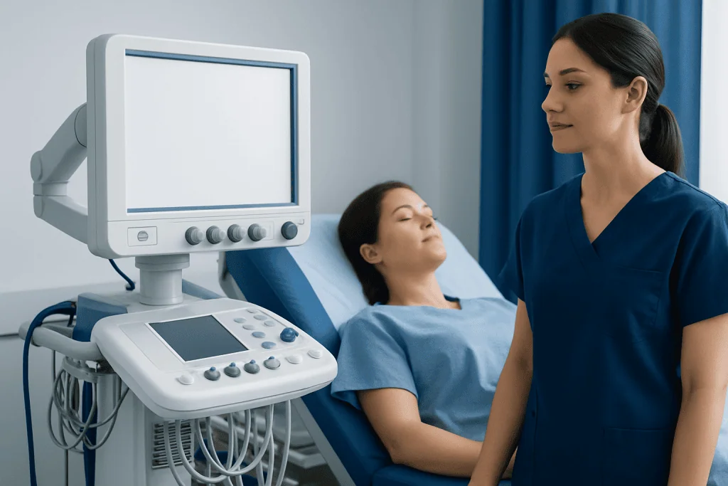 Medical professional preparing ultrasound scan for patient in hospital.