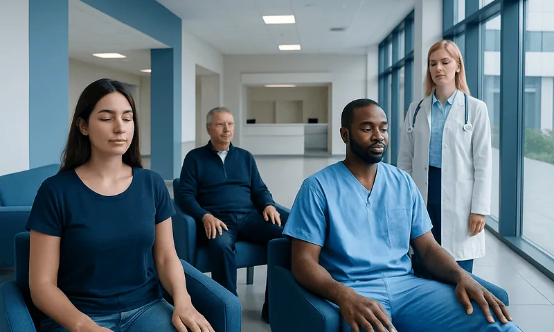 Patients practicing progressive muscle relaxation in a hospital waiting area.