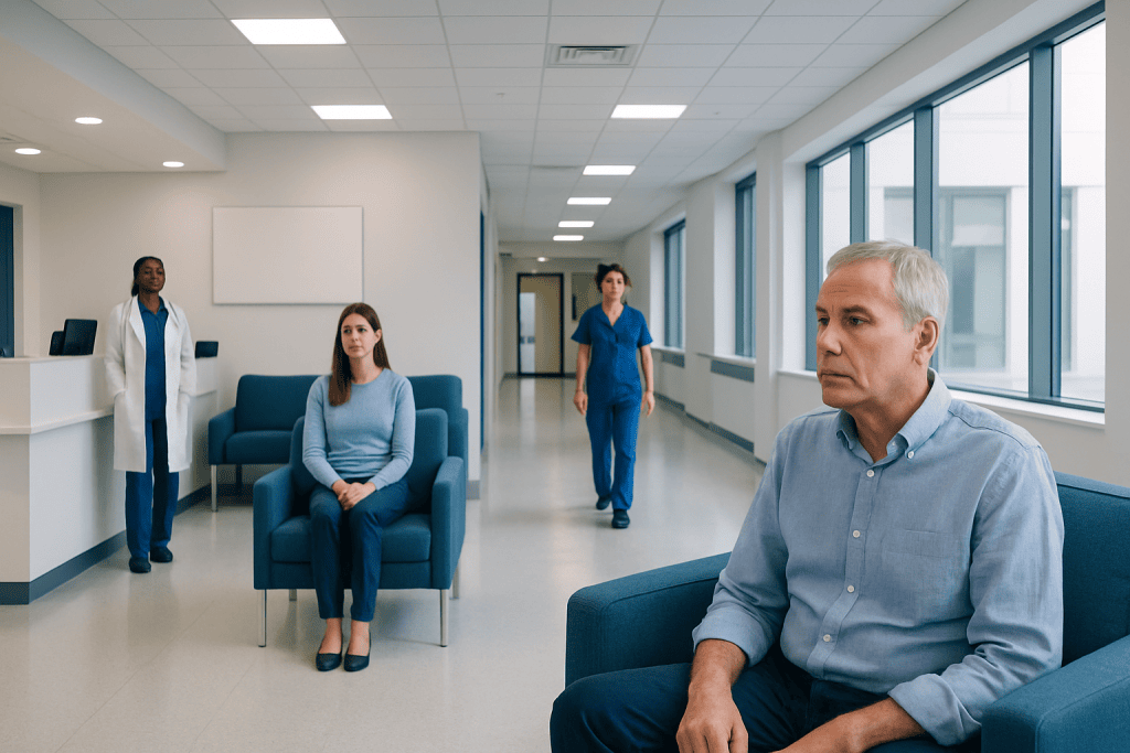 Prolapsed Hemorrhoids: An Evidence-Based Guide for Patients 1 Patient waiting in a hospital corridor with medical staff nearby.