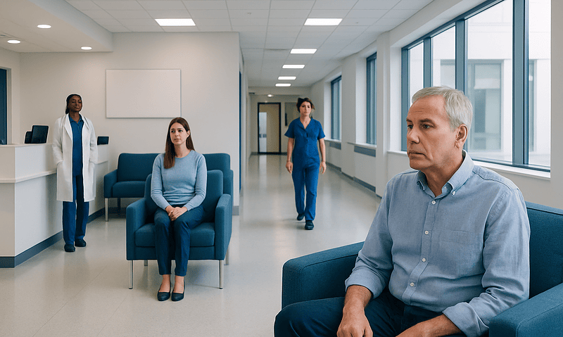 Patient waiting in a hospital corridor with medical staff nearby.