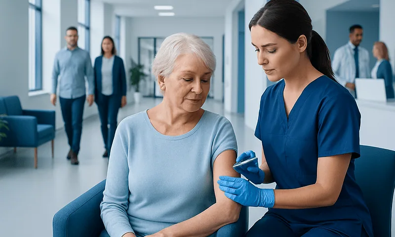 Nurse administering injection to elderly woman in hospital corridor.