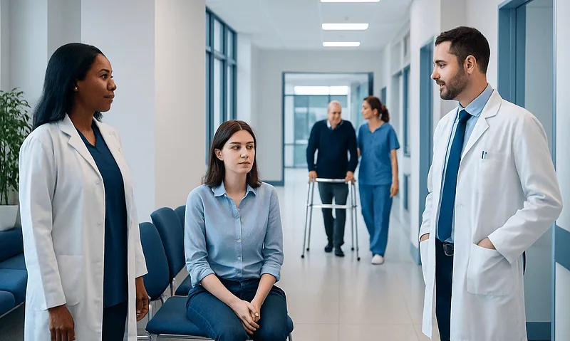 Medical consultation in hospital corridor with doctors and patient.